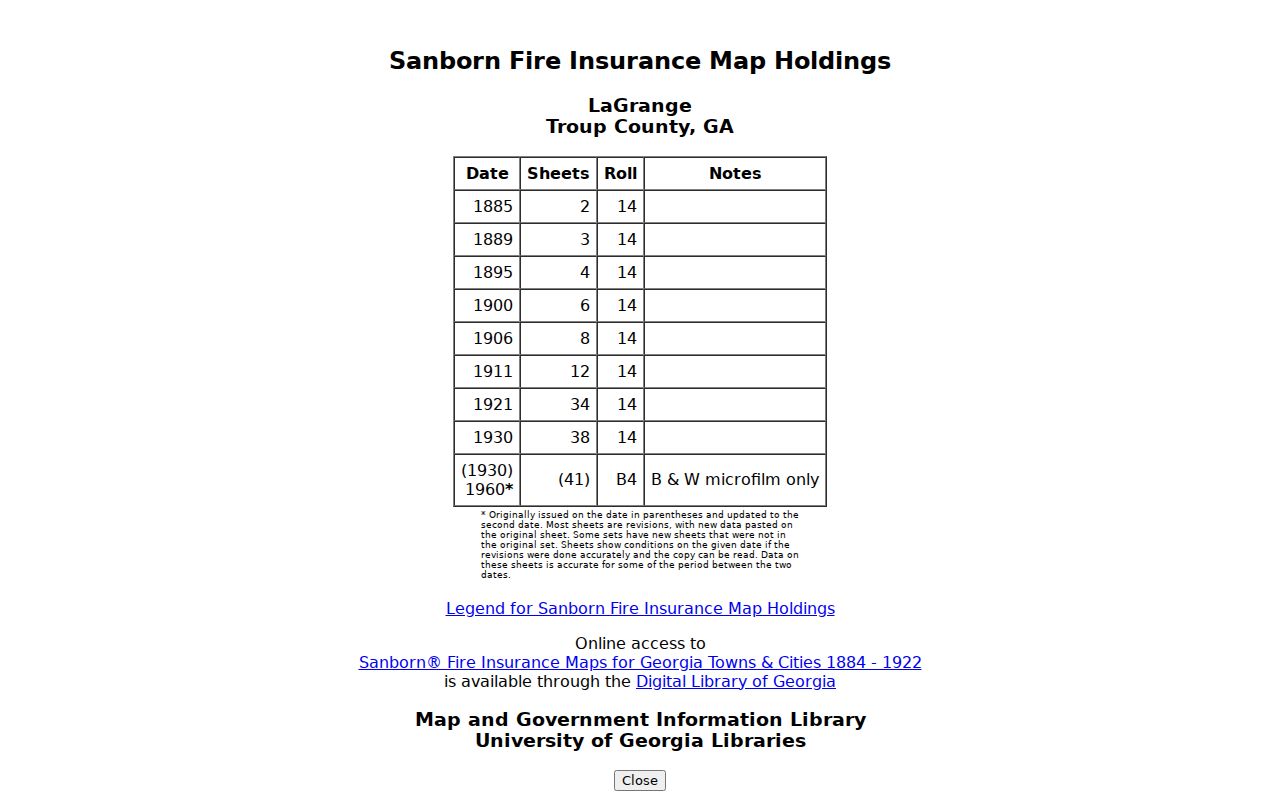 University of Georgia list of historic LaGrange Sanborn map years