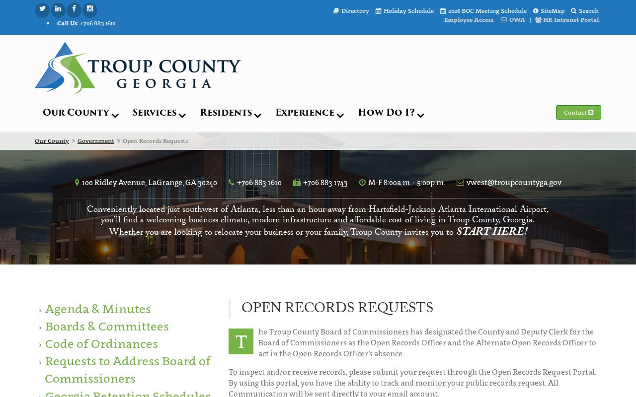 Troup County public records request page for LaGrange residents