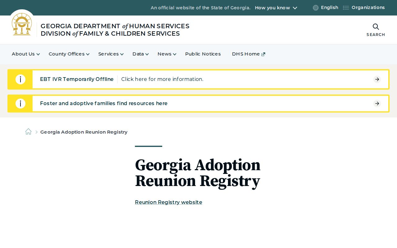 Georgia Adoption Reunion Registry contact route for LaGrange families