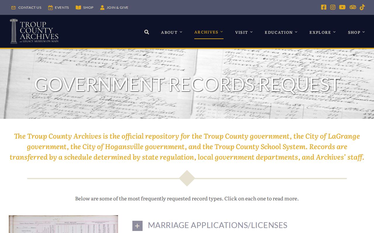 Troup County Archives government records request page for older LaGrange files