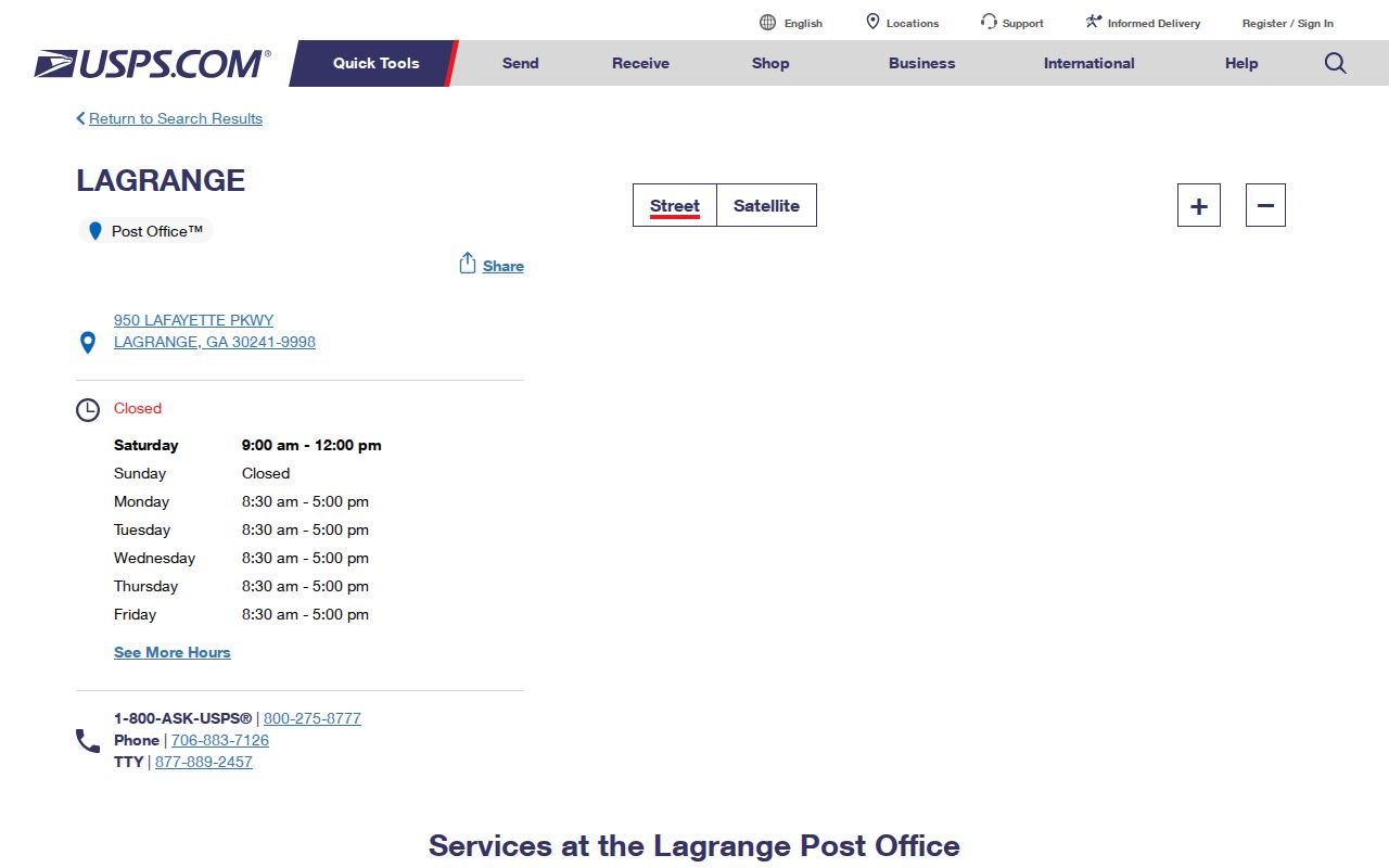 USPS LaGrange Post Office listing for the LaGrange ZIP code directory